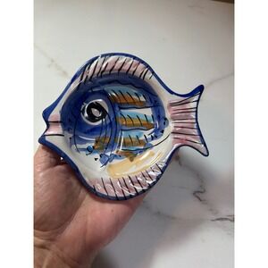 Solimene Vietri Italy Hand Painted Ceramic Fish Dish Blue Pink Trinket Bowl 5in